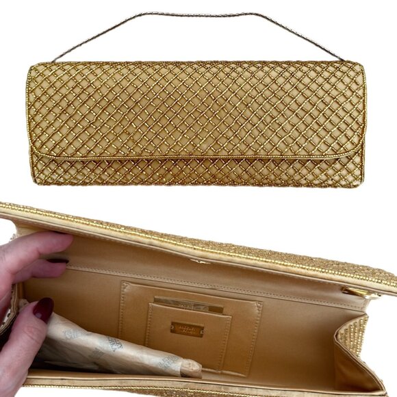 BADGLEY MISCHKA Gold Beaded Satin Envelope Evening Bag Purse Embellished Bridal - Picture 1 of 10